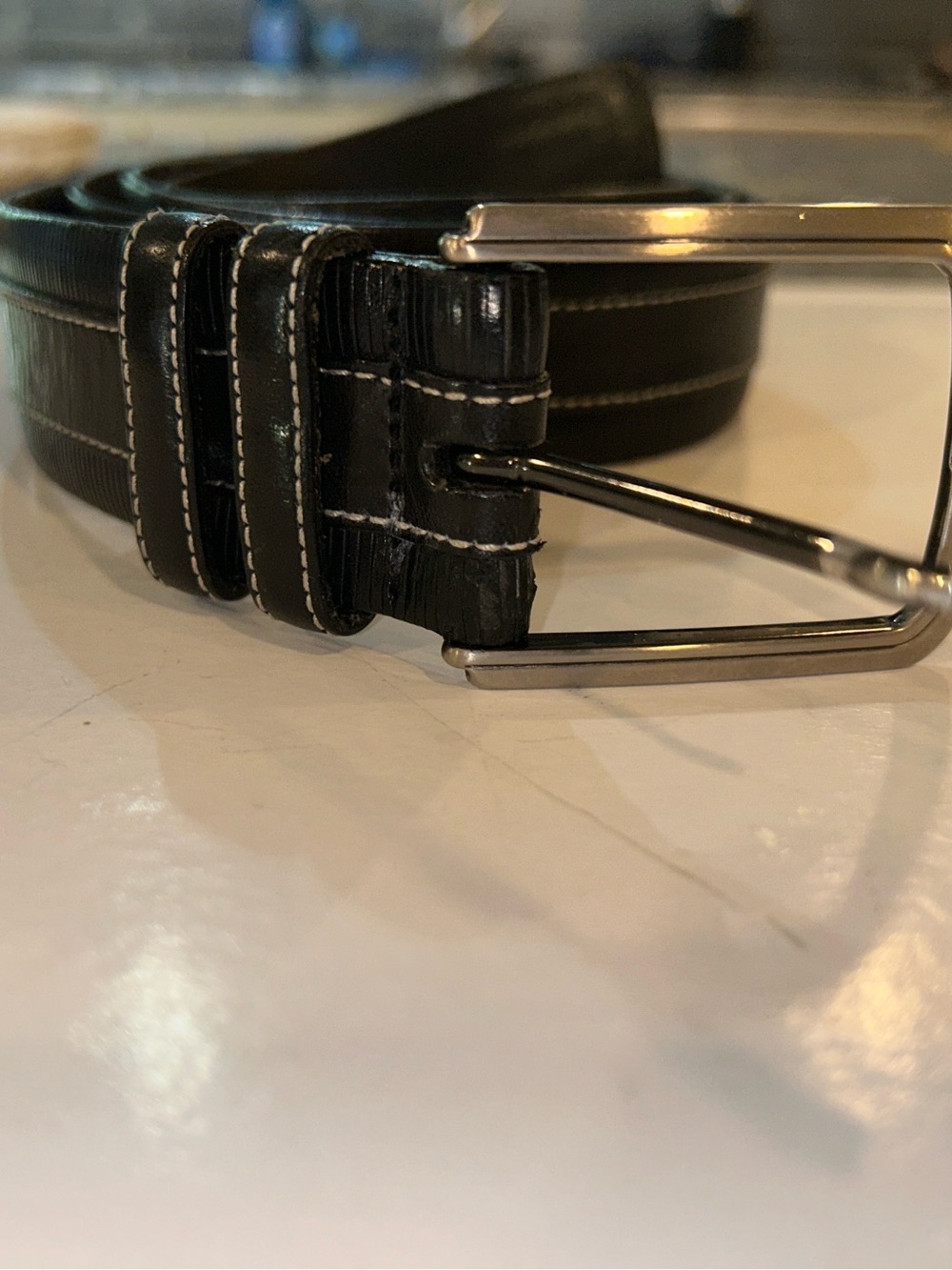 Mezlan Black Leather Belt with White Contrast Stitching and Silver Buckle